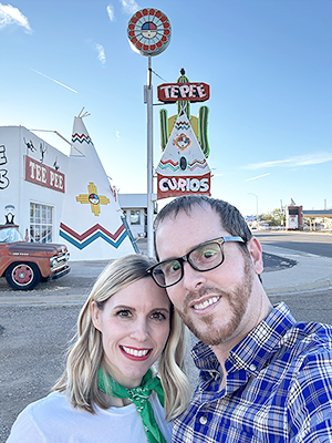 A photo of the author and illustrator of Hello Route 66 on The Mother Road.
